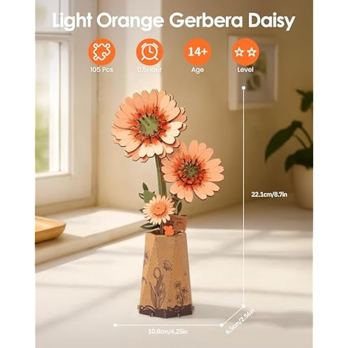 3D WOODEN FLOWER PUZZLE LIGHT ORANGE GERBERA, MODEL KITS FOR ADULTS TO ASSEMBLE, ARTIFICIAL ETERNAL FLOWERS, DIY CRAFT SET, VALENTINE'S DAY, MOTHER'S DAY AND CHRISTMAS - Image 2